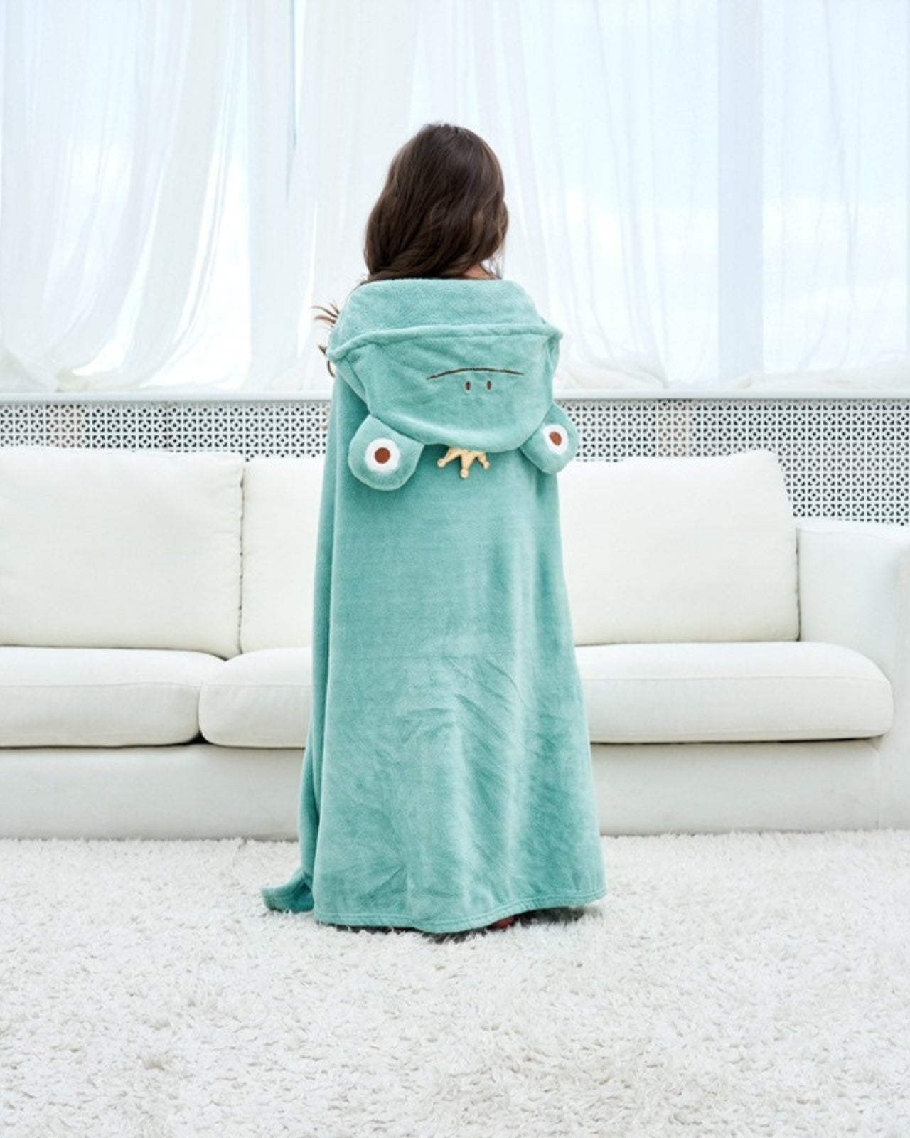 Kids Hooded Bath Towel | Plush Frog Design In Mint Green