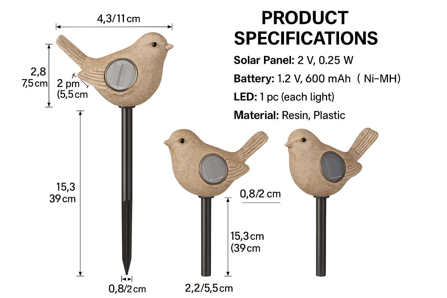 Set of 3 Bird Garden Solar Lights Stakes